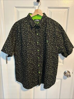 UFO Aliens Black Short-Sleeve Button-Up Shirt w/ Neon Green Print (XL) GITD